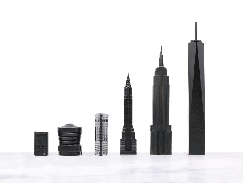 Chess Set Stainless Steel NEW YORK with Wood Map Board