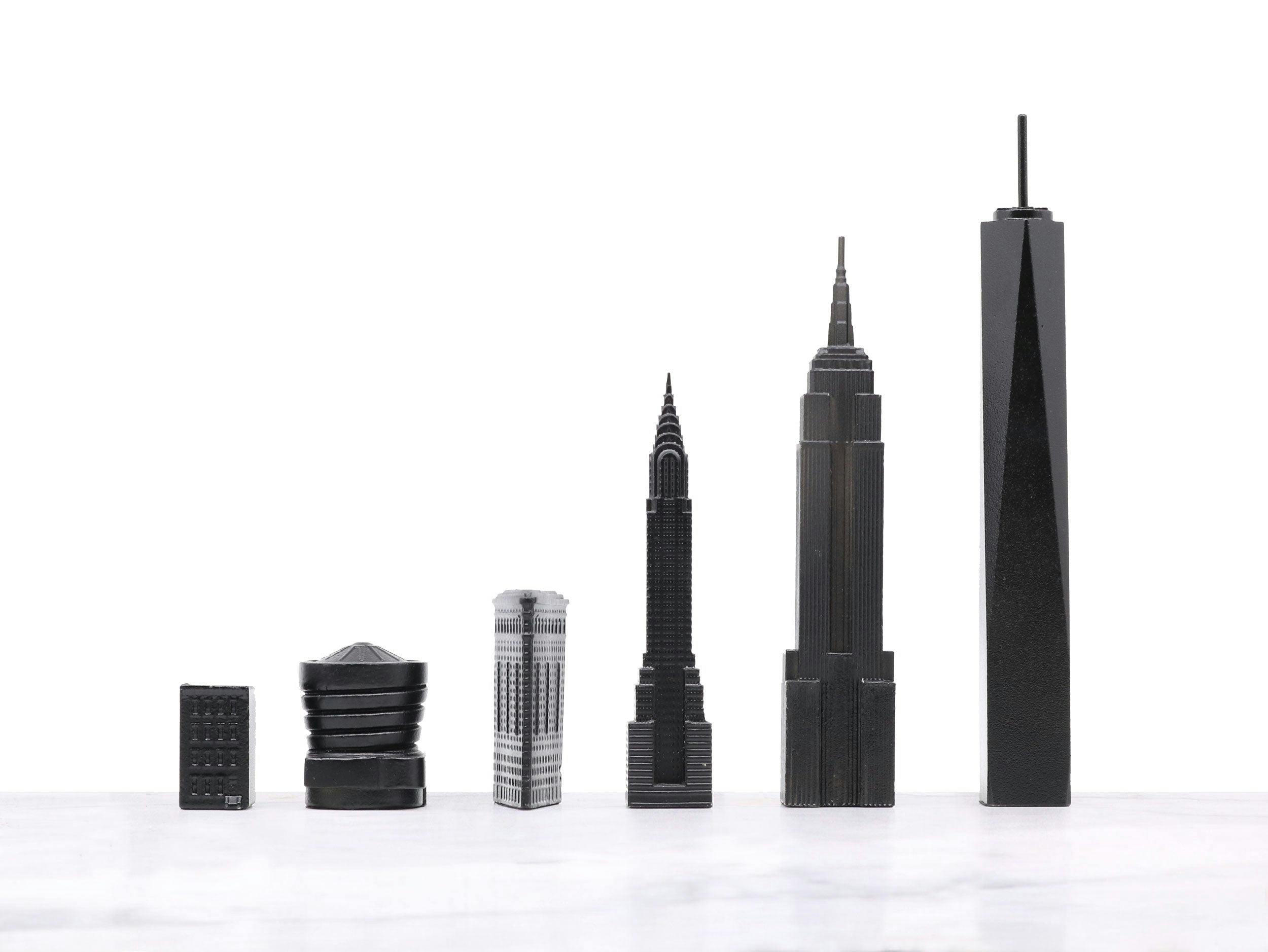 Chess Set Stainless Steel NEW YORK with Wood Map Board