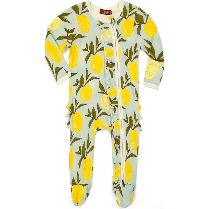 Lemon Organic Cotton Ruffle Zipper Footed Romper