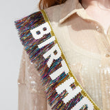 Packed Party Birthday Vibes Tinsel and Glitter Party Sash – 60 Inch Multicolor Tinsel Fringe with Iridescent Glitter Letters and Gold Binding Ties, One Size