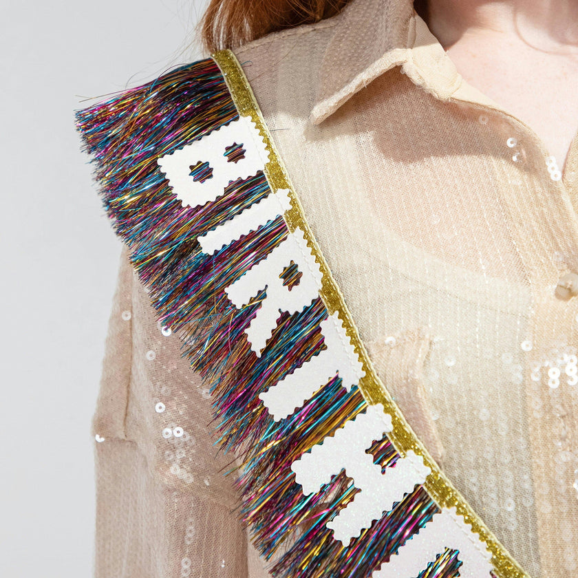 Packed Party Birthday Vibes Tinsel and Glitter Party Sash – 60 Inch Multicolor Tinsel Fringe with Iridescent Glitter Letters and Gold Binding Ties, One Size