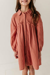 Girls Button Front Gauze Dress in Brick Dust