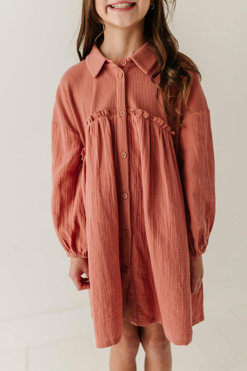 Girls Button Front Gauze Dress in Brick Dust