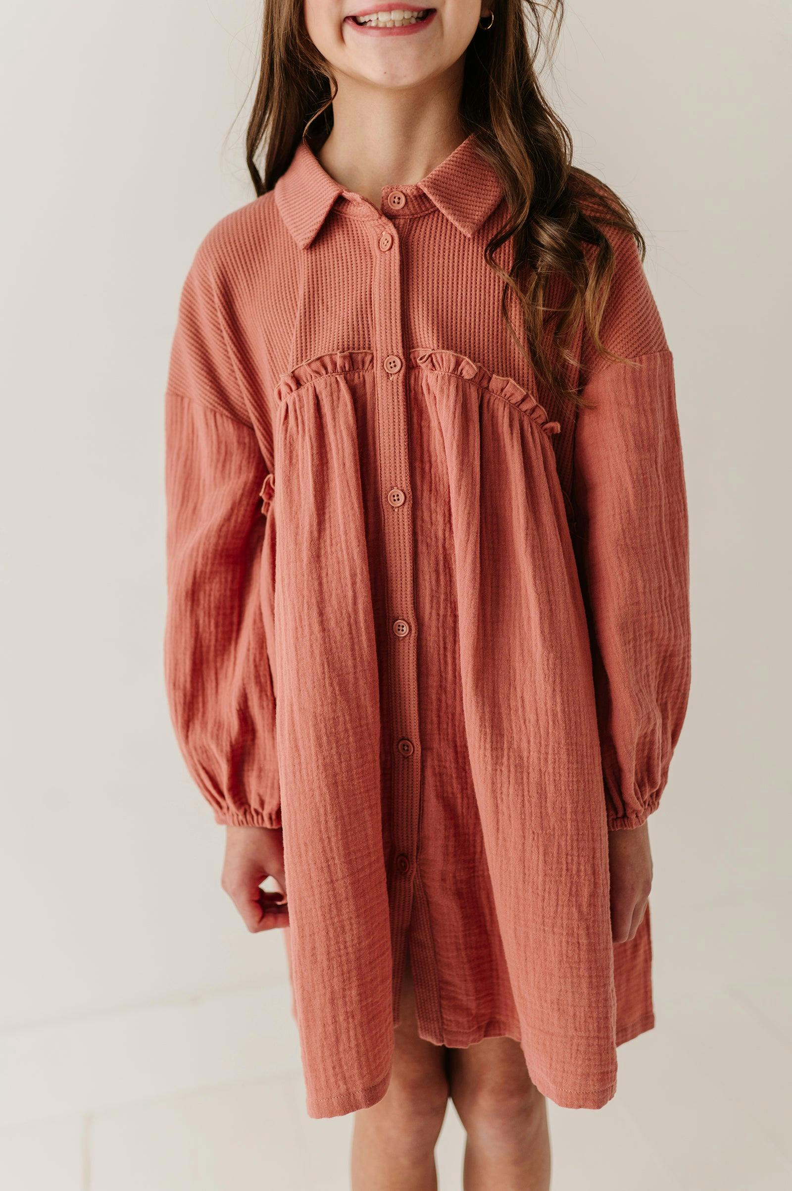 Girls Button Front Gauze Dress in Brick Dust