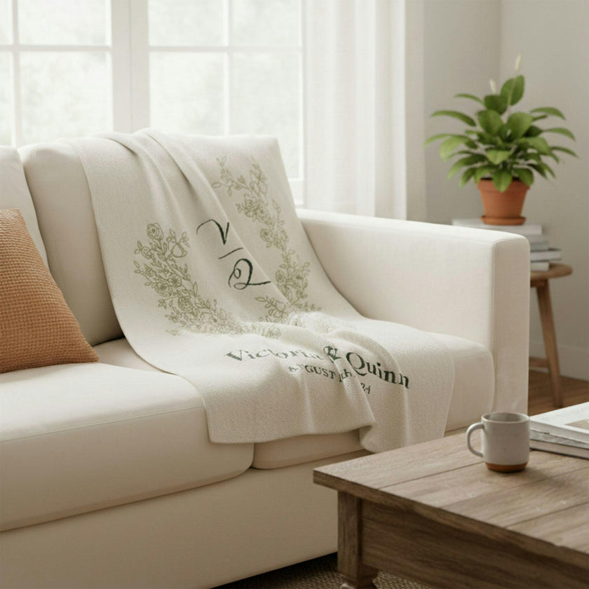 Custom Personalized Wedding Sustainable Knit Throw Blanket - Floral Crest