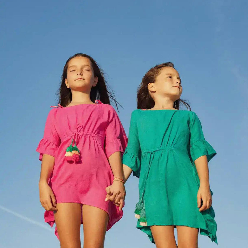 Girl's kaftan with pompoms, fuschia | LEA