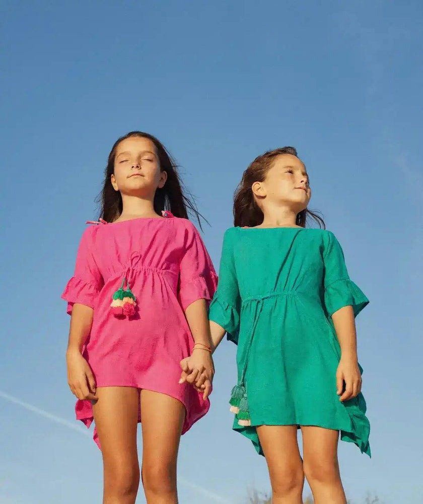 Girl's kaftan with pompoms, fuschia | LEA