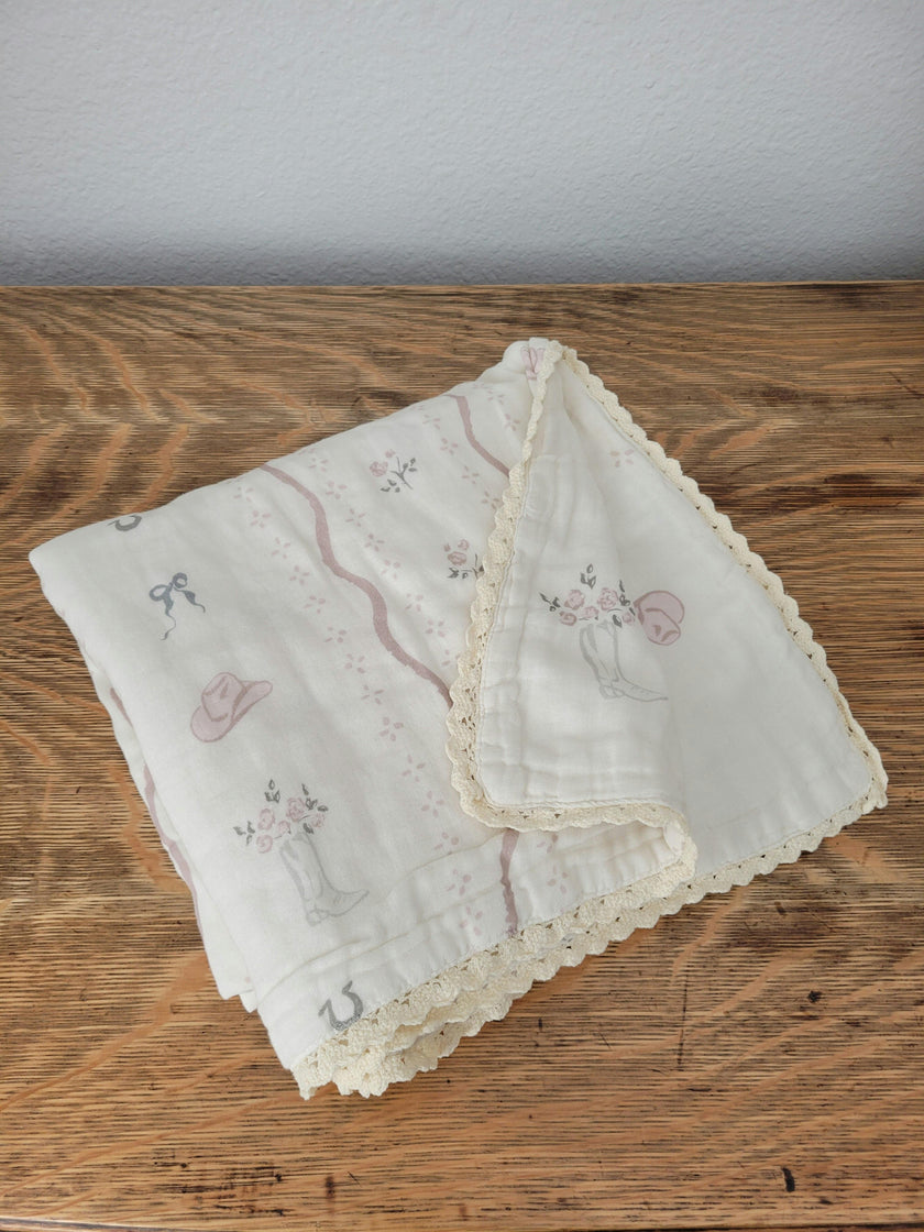 Vintage Country-Cowgirl QUILTED 6 Layer Gauze Blanket
