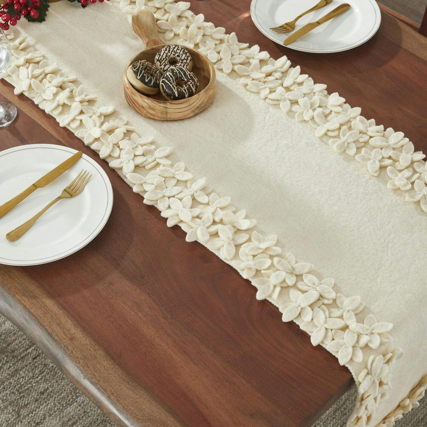 Hand Felted Wool Floral Border Table Runner Cream, 16" x 90"
