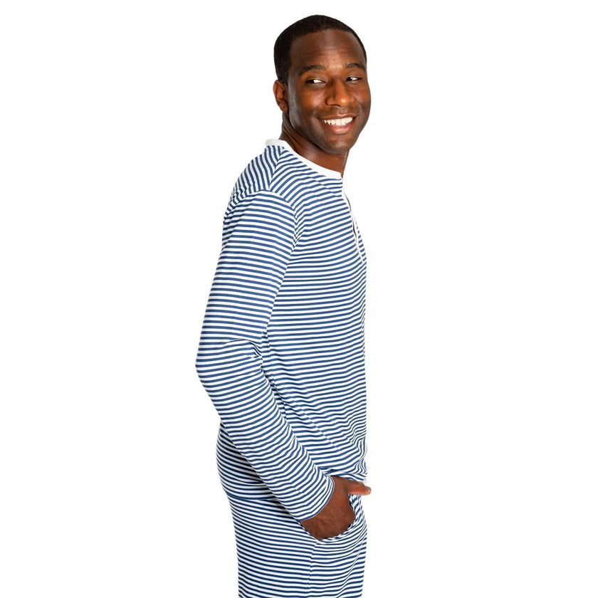 Men's Marina Jersey Long Knit Henley - Navy Stripe Organic Stretch Cotton