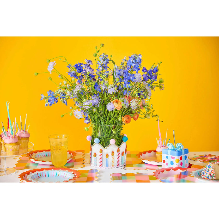 Packed Party Birthday Wishes Reusable Glitter Pom Pom Crown - Metallic Fabric Birthday Candle Crown with Multicolor Poms and Adjustable Satin Ties