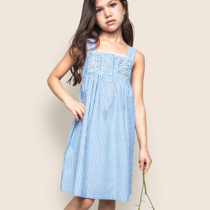 Girl's Twill Charlotte Nightgown in French Blue Heritage Stripe