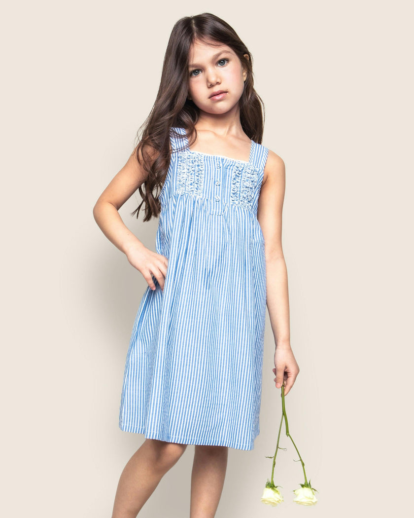 Girl's Twill Charlotte Nightgown in French Blue Heritage Stripe