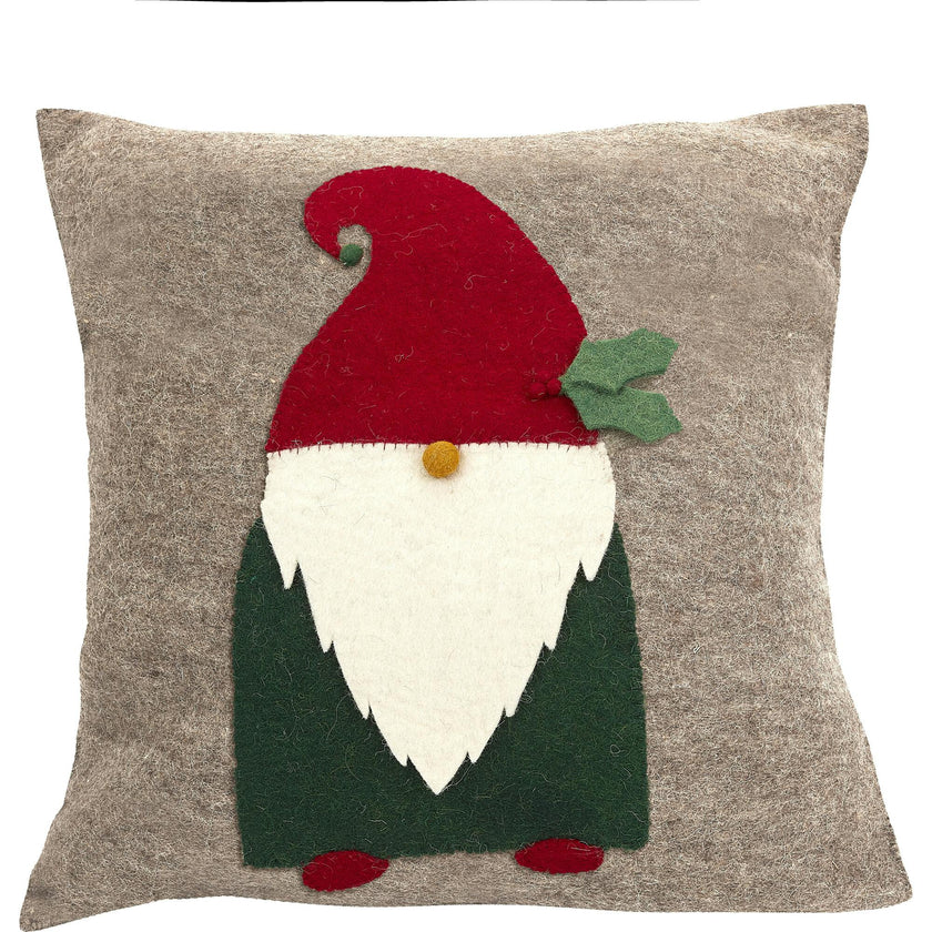 Hand Felted Wool Pillow - Gnome Red Hat Gray - 20"