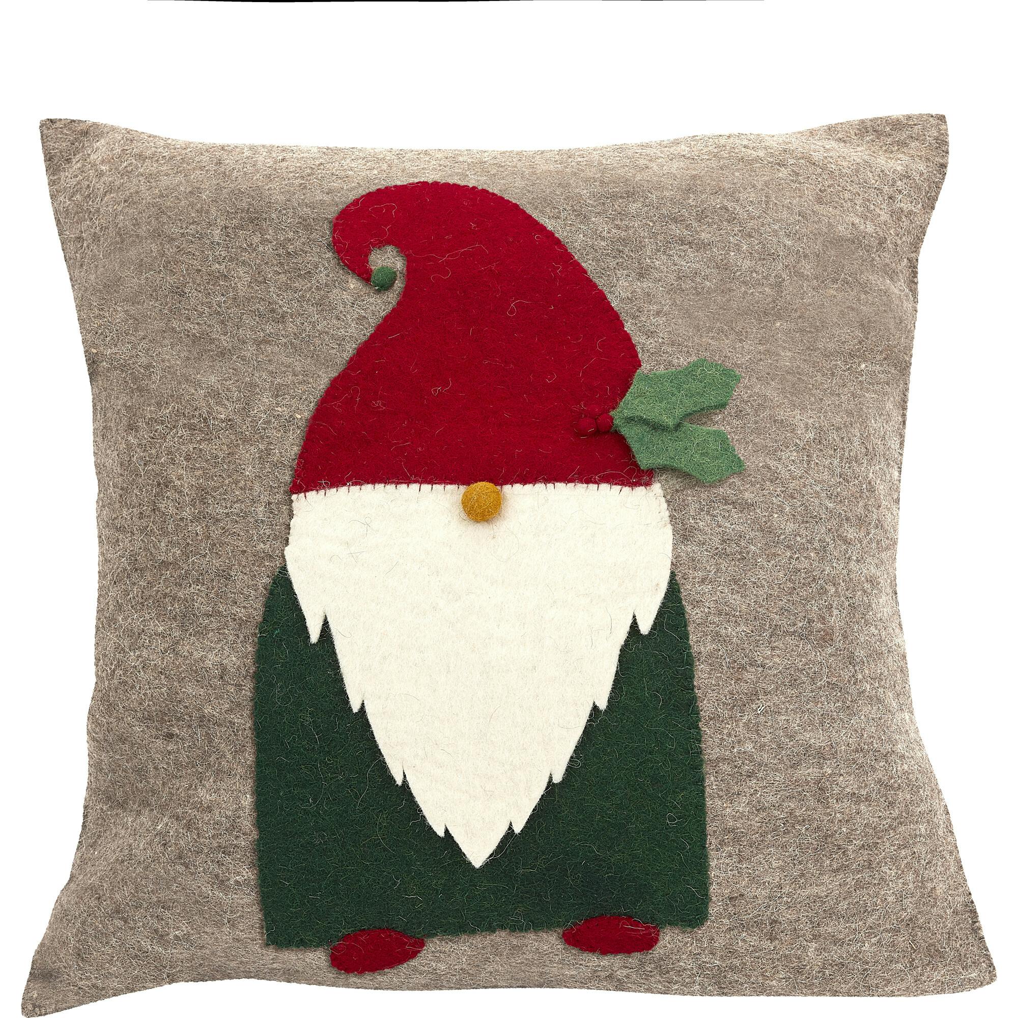 Hand Felted Wool Pillow - Gnome Red Hat Gray - 20
