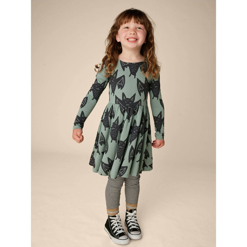 Bats Print Boat Neck Long Sleeve Ballet Skirt Dress, Multi