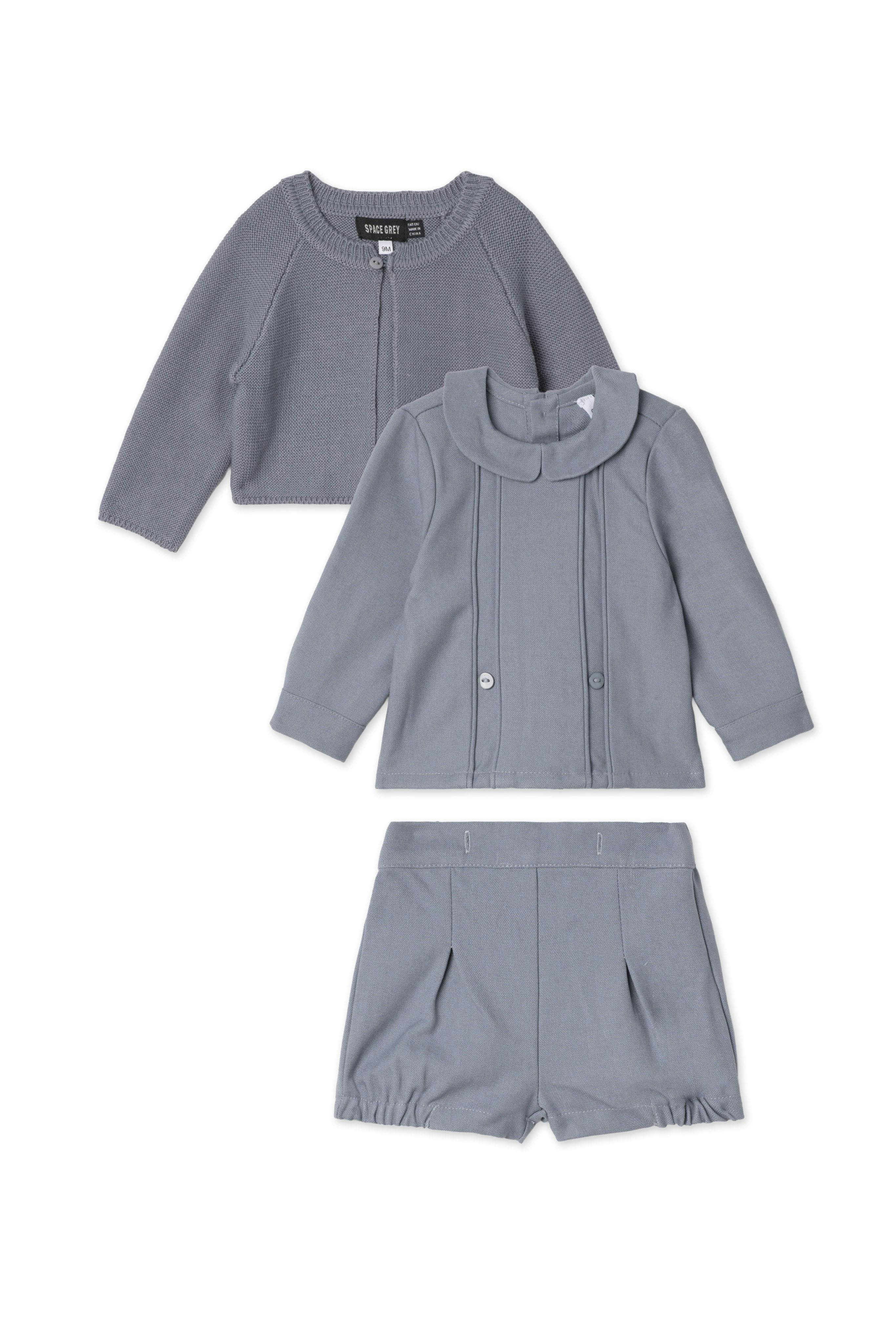 Woolen Button Front Long Sleeve Cardigan, Shirt, and Shorts Three Piece Set