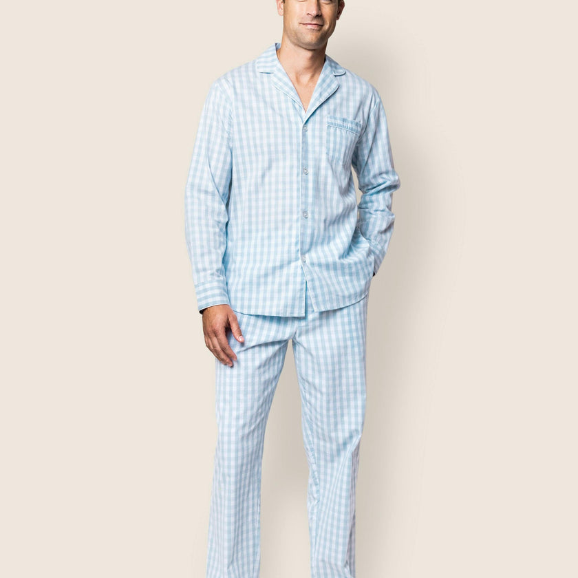 Men's Twill Pajama Set in Light Blue Gingham
