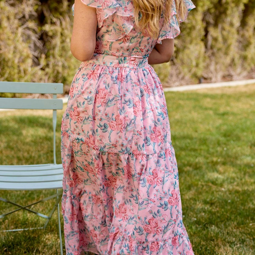 Trixie Dress in Pink Sketched Flower Chiffon