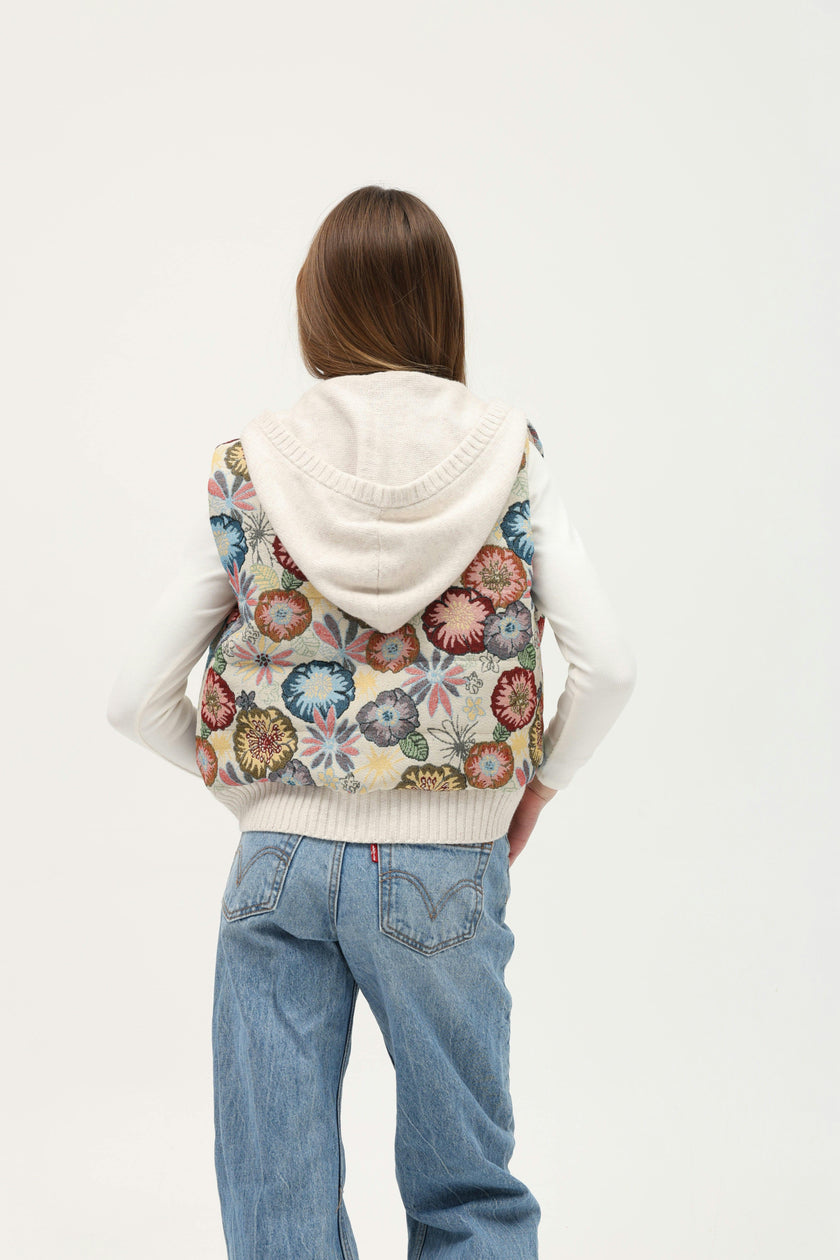Tenly Tapestry Floral Puffer Vest Hoodie