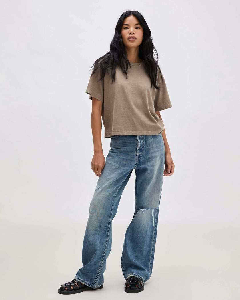 Womens Relaxed Crop Tee - Pigment Dye Jersey - Warm Grey