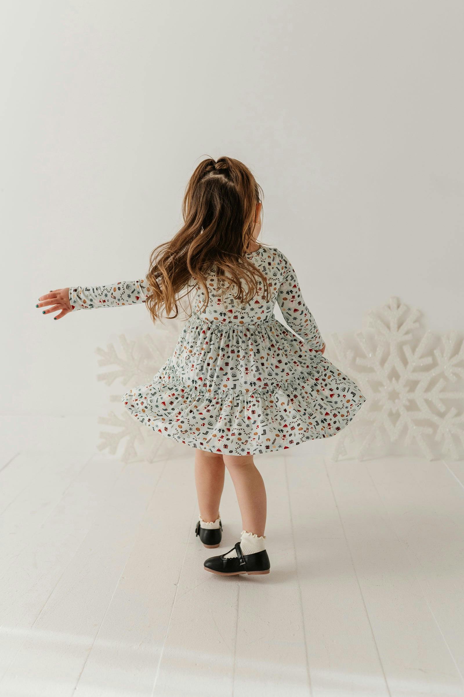 Girls Long Sleeve Double Tiered Dress in Christmas Elements