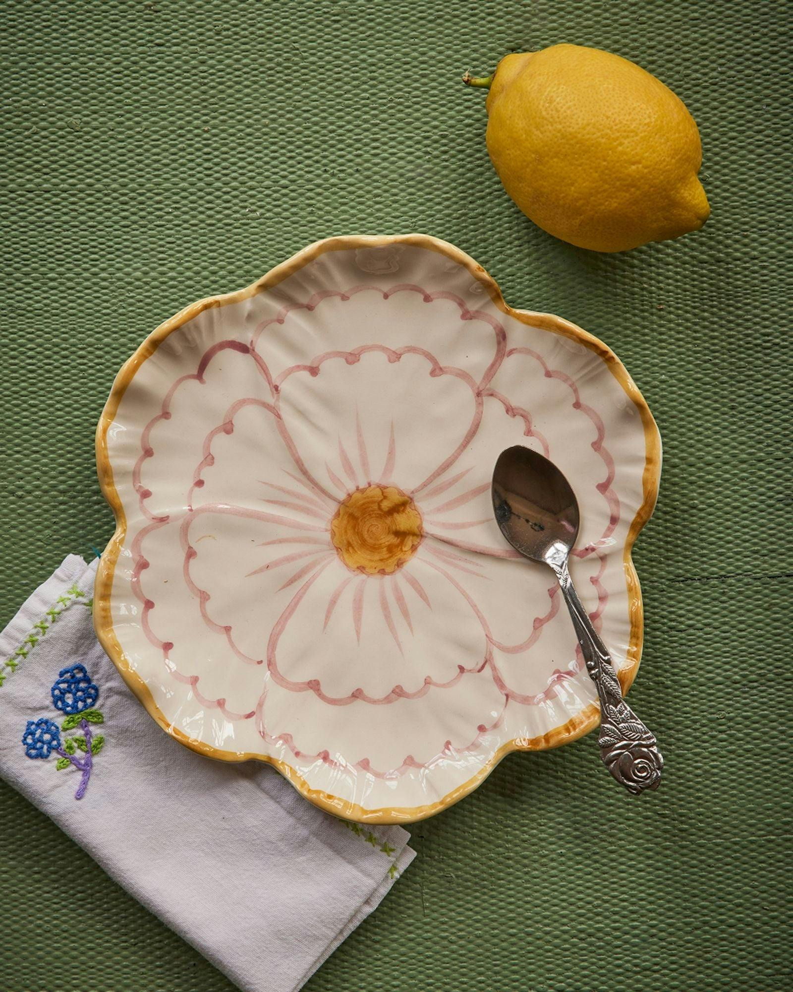 Ceramic Flower Shaped Side Plate with Yellow Border