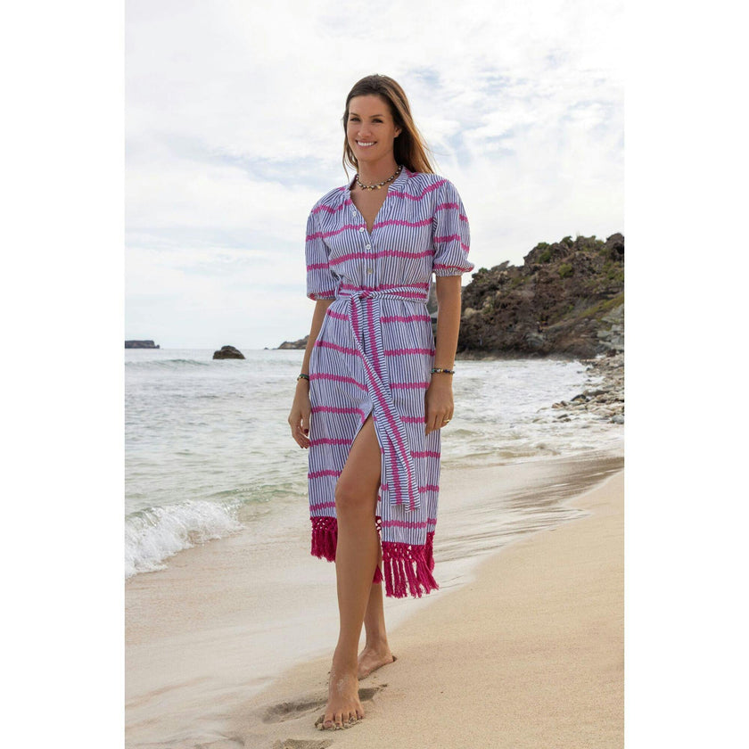 Estelle Womens Fringed Shirtdress Marine Stripe Embroidery, Blue