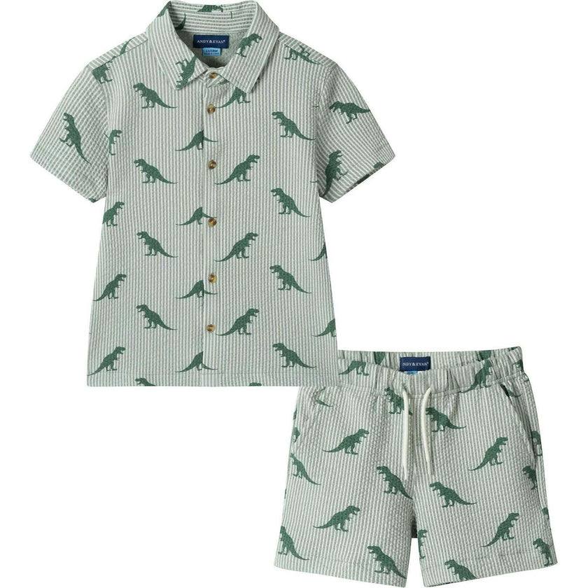 Boys Short Sleeve Cabana Set | Green Stripe Dino