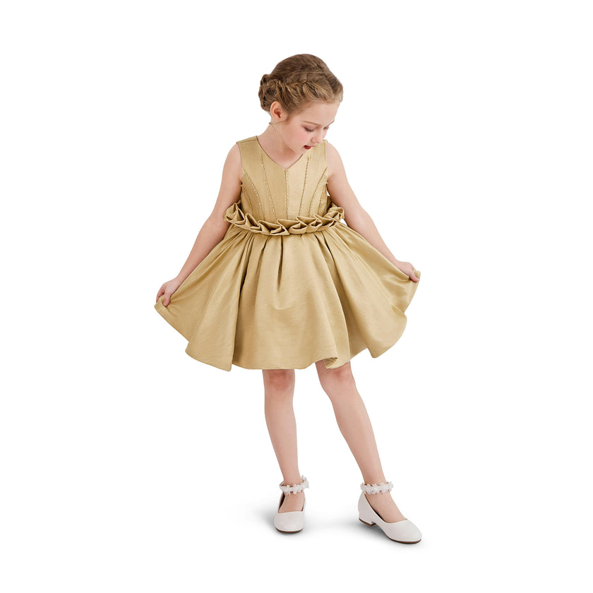 Gold Luminara Ruffle Waist Formal Dress