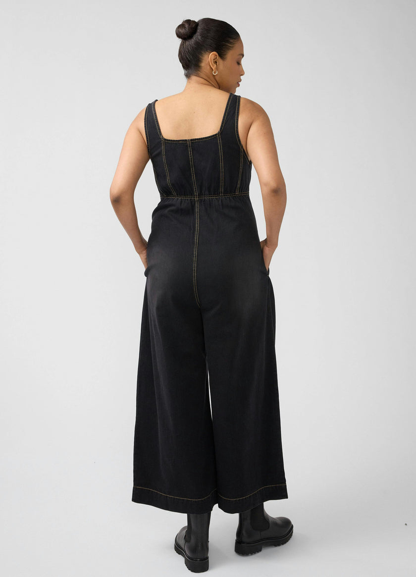 Zip Front Drapey Denim Maternity Jumpsuit