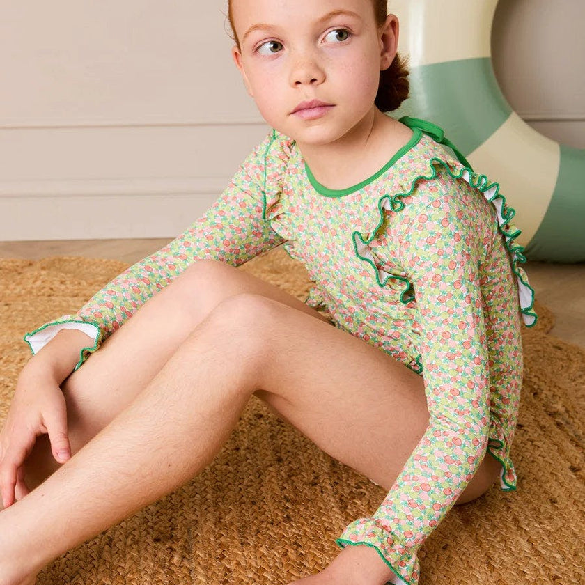 Annie Apple Print Ruffle Detail Long Sleeve Swimsuit in Green (12mths- 10yrs)