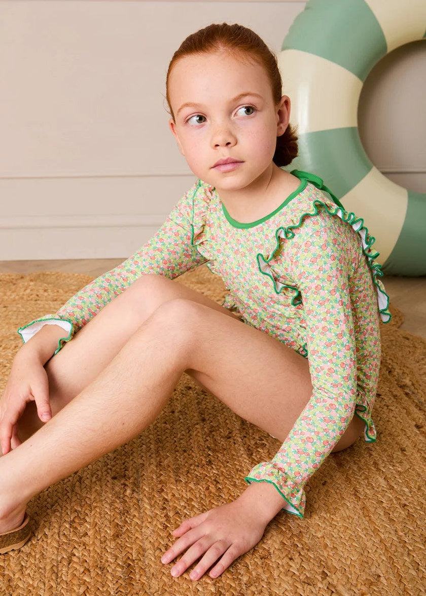 Annie Apple Print Ruffle Detail Long Sleeve Swimsuit in Green (12mths- 10yrs)