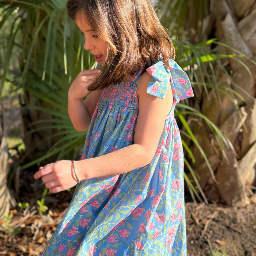 Loblolly Dress in Blue with Pink Bougainvillea