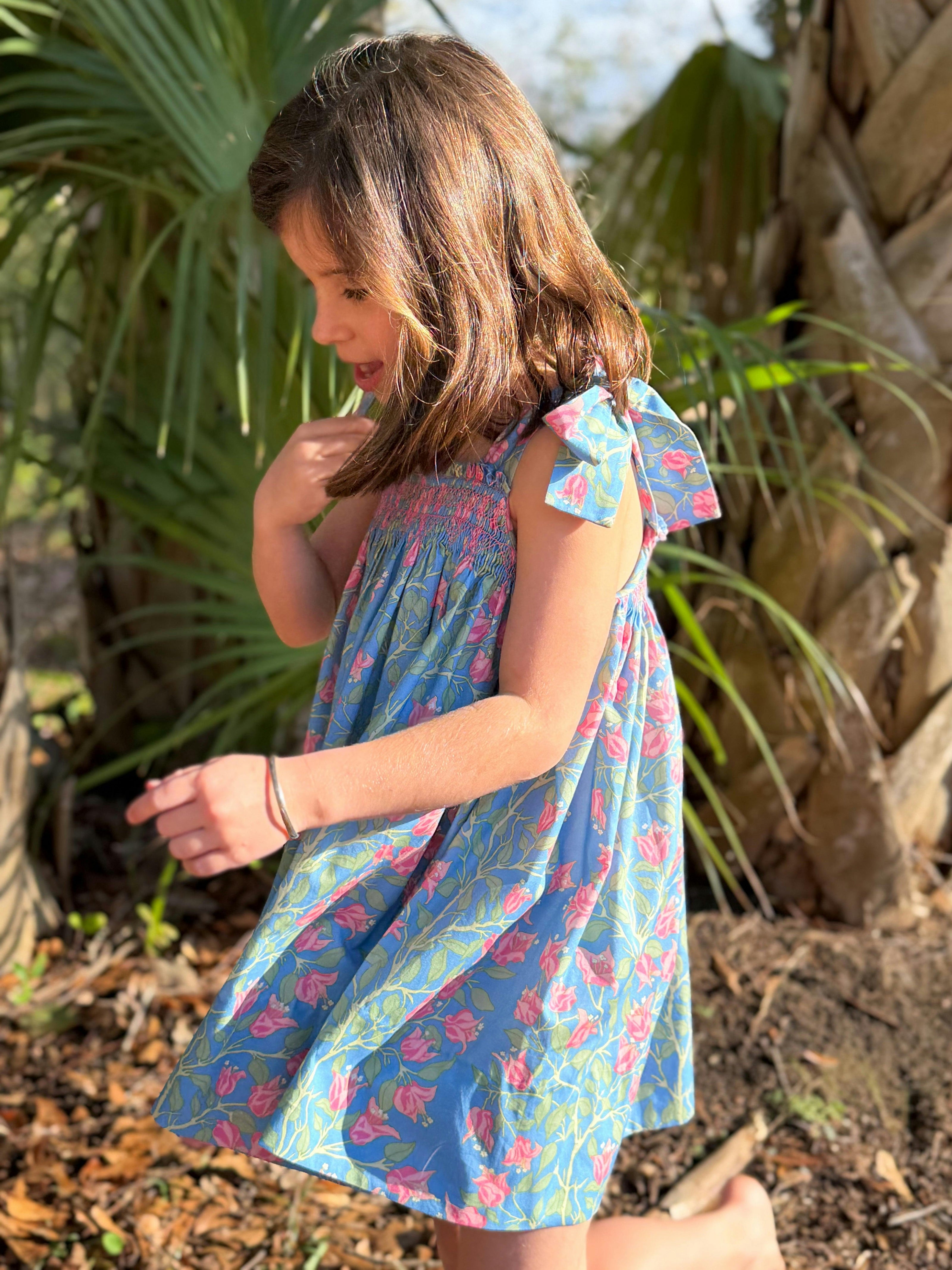 Loblolly Dress in Blue with Pink Bougainvillea