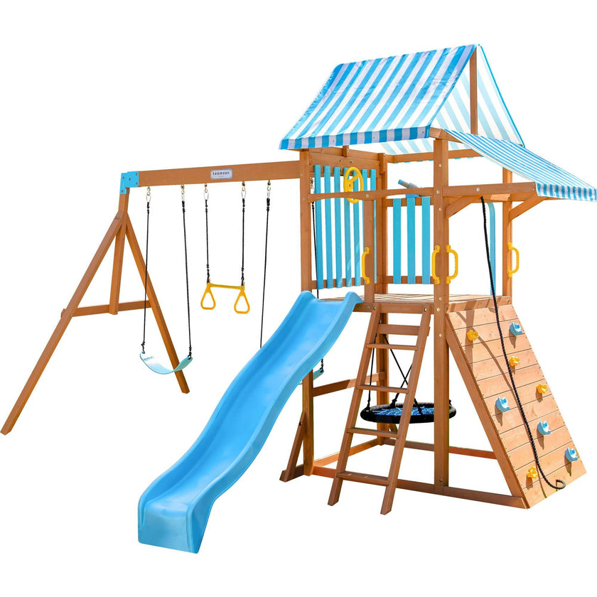 Teamson Kids Laguna Wooden Swing Set with Slide & Rock Wall