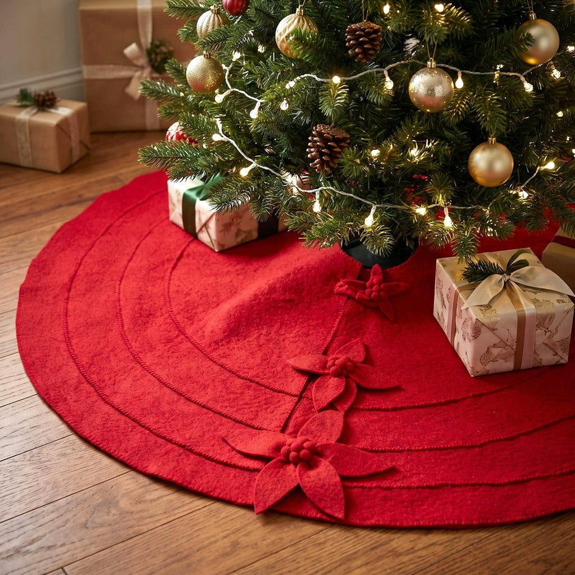 Red Poinsettia Buttons Christmas Tree Skirt Hand Felted Wool - 60"