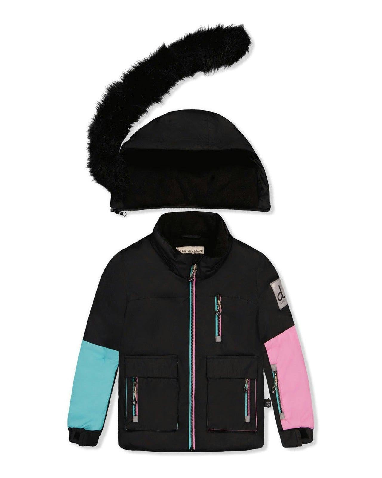 Two Piece Play Snowsuit Black, Blue And Pink Colorblock With Heart Print Pants