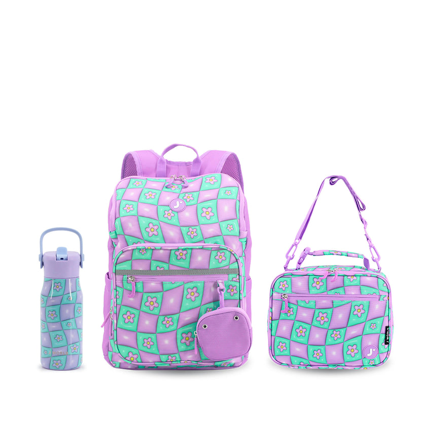 Junior Backpack with Lunch Box and 14oz Water Bottle For School in Puffy Flower