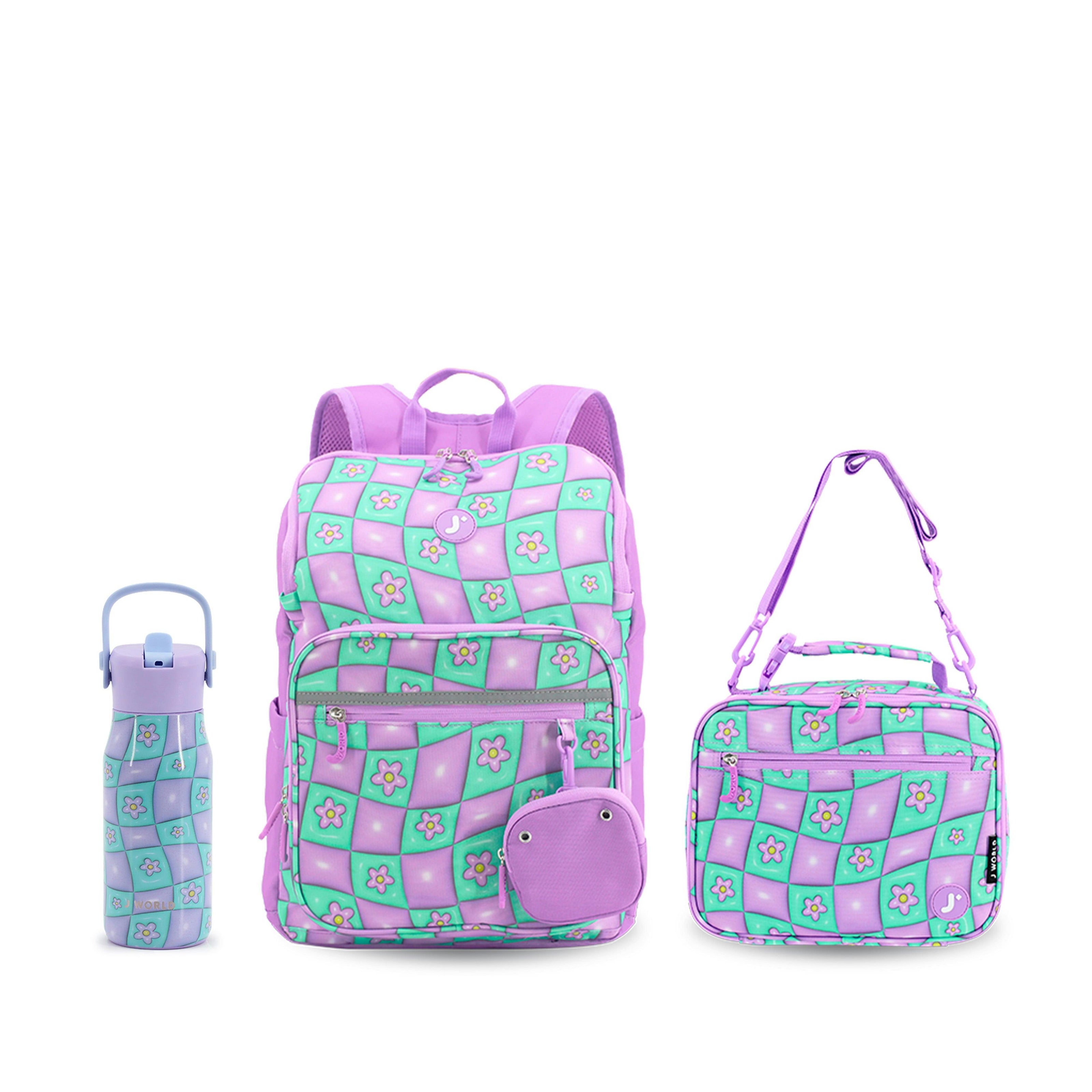 Junior Backpack with Lunch Box and 14oz Water Bottle For School in Puffy Flower