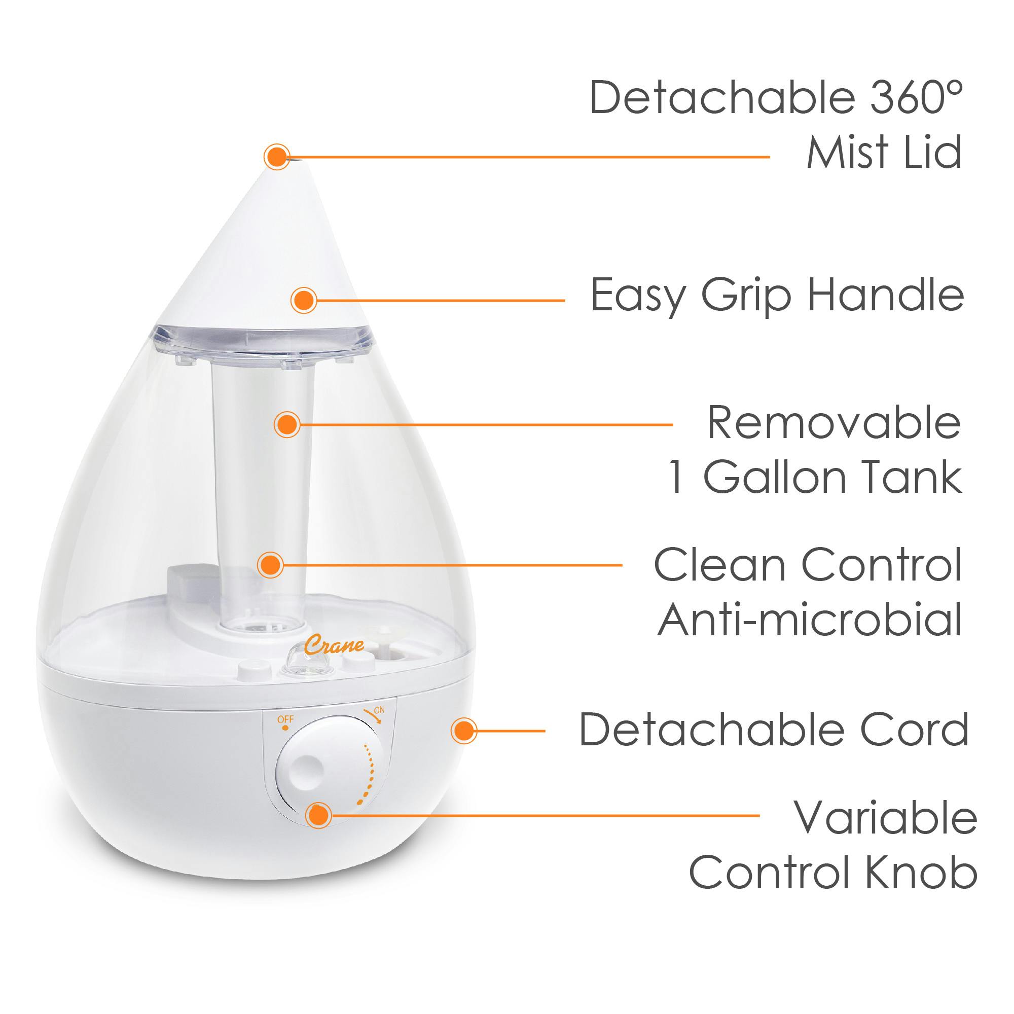 Crane 1 Gallon Drop Shape Cool Mist Humidifier for Nursery