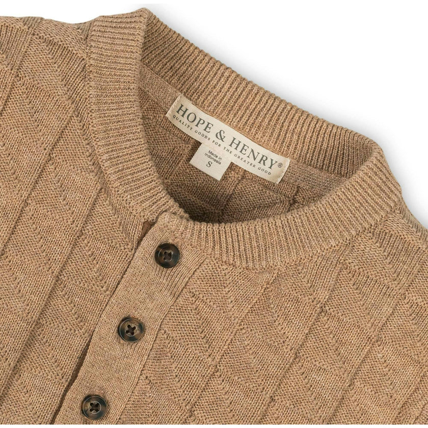 Organic Long Sleeve Henley Pullover Sweater with Elbow Patches, Beige