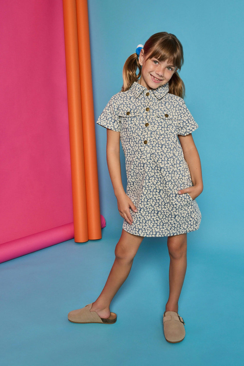 Safari Popover Dress - French Blue Floral Corduroy