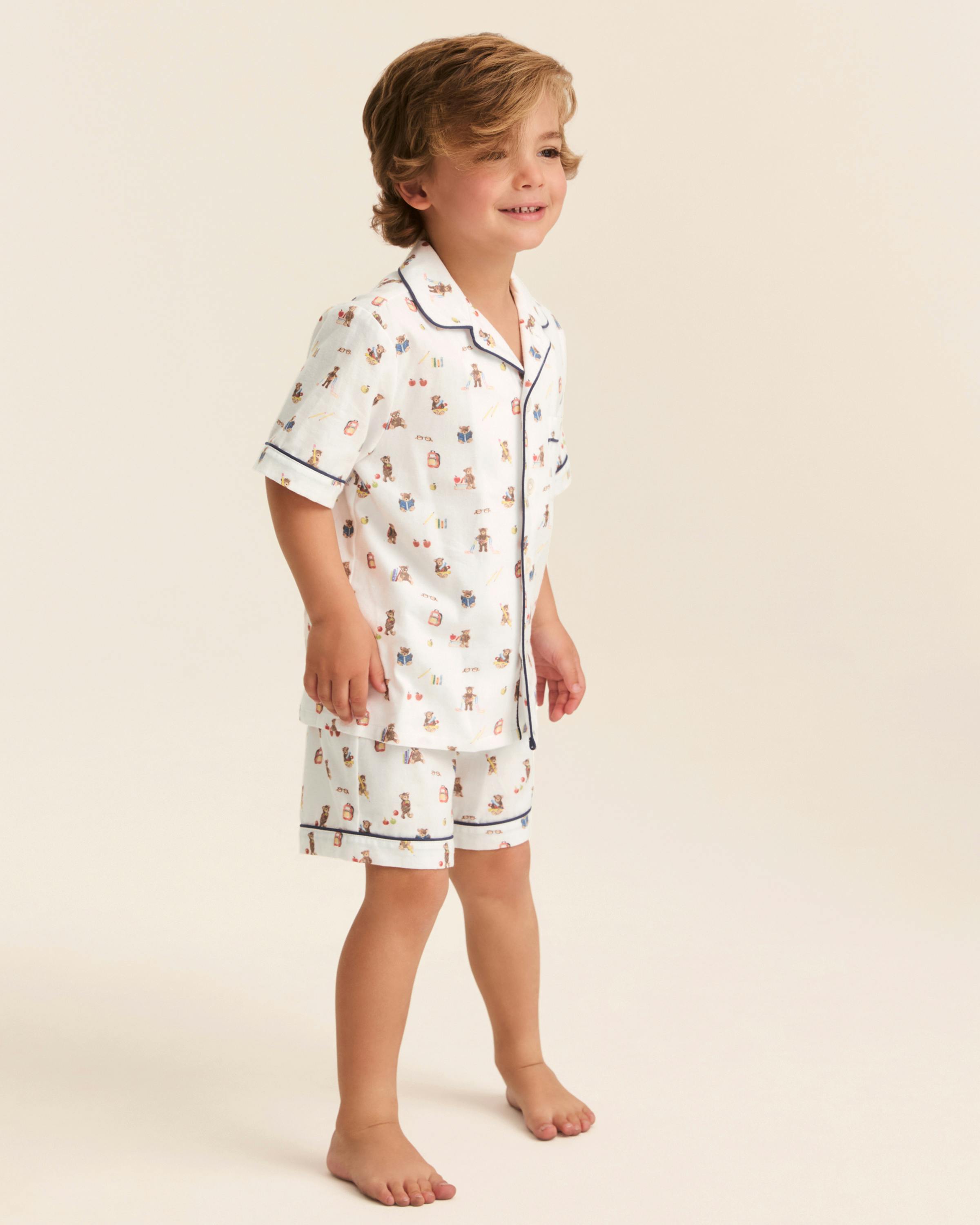 Kid's Twill Pajama Short Set in Teddy Goes To School