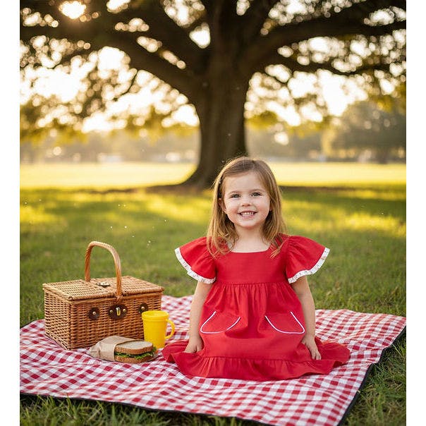 Girls' Flutter-Sleeve Red Pocket Dress, Red