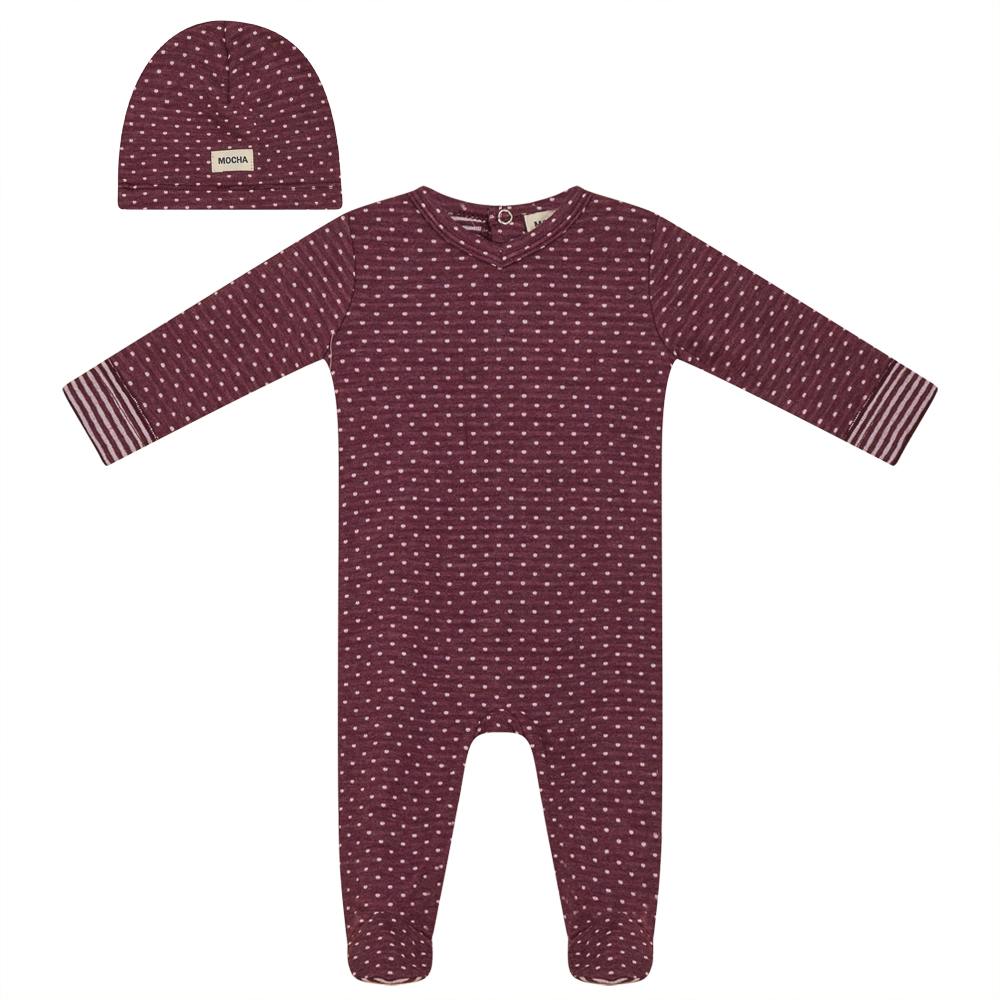 Snap Front Dot Print Romper and Hat Two Piece Set