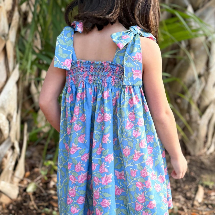 Loblolly Dress in Blue with Pink Bougainvillea