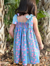 Loblolly Dress in Blue with Pink Bougainvillea