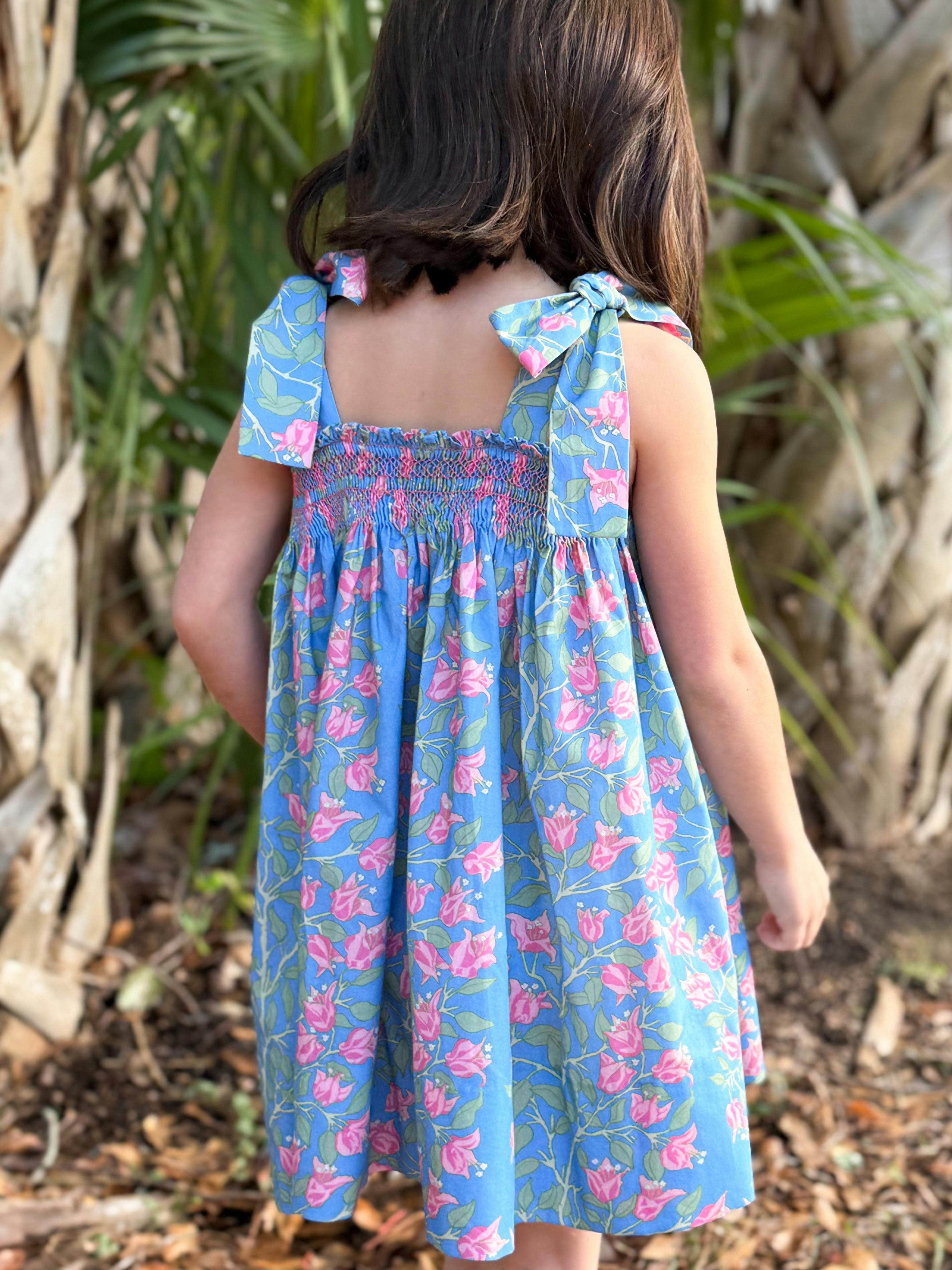 Loblolly Dress in Blue with Pink Bougainvillea