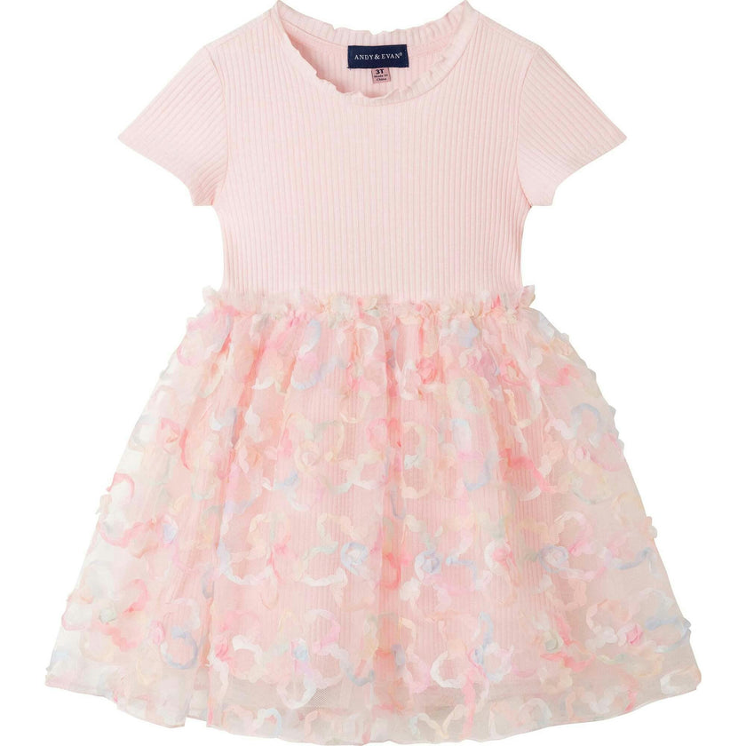 Kids Rib Knit Dress w/ 3D Floral Tulle Skirt